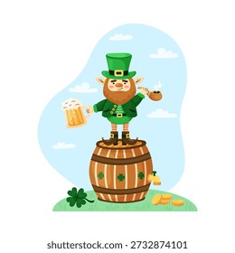 Square web banner for Saint Patricks Day. Cute leprechaun stands on beer barrel. Holiday greeting card. Hand drawn vector illustration.