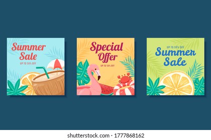 Square Web-Banner-Vorlage für den Sommerverkauf, handgezeichnet, Konzept für Strandurlaub