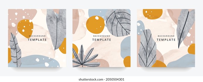 Square web banners background for social media with place for text and photo. Tropical leaves and organic shape watercolor style background for advertising, social media post, wall art, canvas prints.