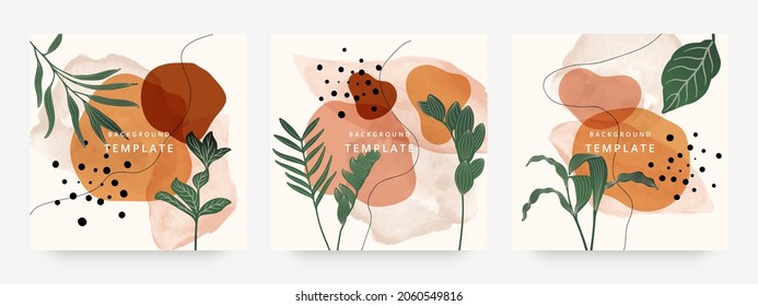 Square web banners background for social media with place for text and photo. Tropical leaves and organic shape watercolor style background for advertising, social media post, wall art, canvas prints.