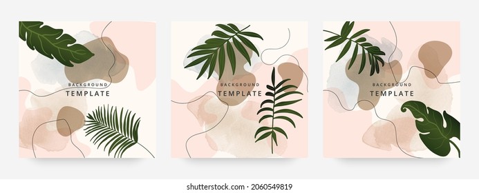 Square web banners background for social media with place for text and photo. Tropical leaves and organic shape watercolor style background for advertising, social media post, wall art, canvas prints.