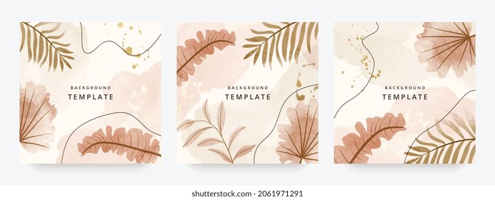 Square Web Banner Hintergrund für soziale Medien mit Platz für Text und Foto. Tropische Blätter und organische Form Aquarell-Hintergrund für Werbung, Social Media-Post, Tapas-Kunst, Leinwand-Drucke.
