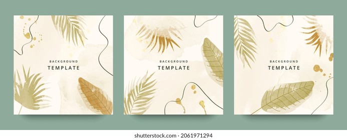 Square web banners background for social media with place for text and photo. Tropical leaves and organic shape watercolor style background for advertising, social media post, wall art, canvas prints.