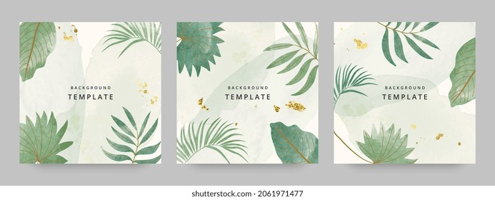 Square web banners background for social media with place for text and photo. Tropical leaves and organic shape watercolor style background for advertising, social media post, wall art, canvas prints.