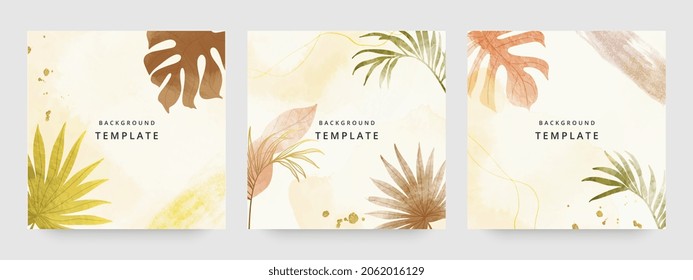 Square web banners background for social media with place for text and photo. Tropical leaves and organic shape watercolor style background for advertising, social media post, wall art, canvas prints.