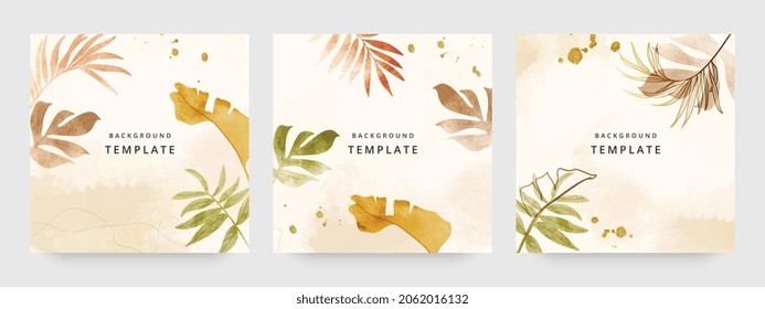 Square web banners background for social media with place for text and photo. Tropical leaves and organic shape watercolor style background for advertising, social media post, wall art, canvas prints.