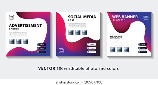 Square web banners collection template with maroon pink and blue abstract liquid shape illustration. Dynamic design for digital marketing and advertising. Set of editable social media post banners. 