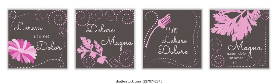 Square web banners with dark backgrounds, leaves, and flowers made in pinkish tints. Plant parts of the Calendula and Camomille. Backgrounds decorated with spiraled, rounded dashed lines.