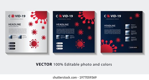 Square web banners template collection with COVID-19 coronavirus message. Set of editable social media post banners. 