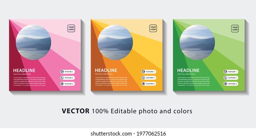 Square web banners template collection with pink, yellow, green, color lines artwork for digital marketing and advertising. Set of editable social media post banners. 