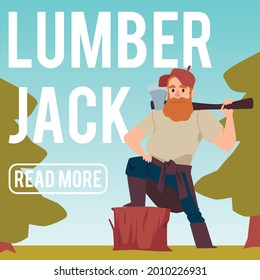 Square web or social media banner with lumberjack holding an axe, flat vector illustration. Wooden materials providing and woodcutter services banner template.