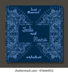 Â Vector square wedding invitation. Blue background with oriental ornament. You must fill in the data on the time, location and names of the newlyweds.