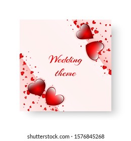 Square wedding invitation card with falling confetti in the shape of hearts