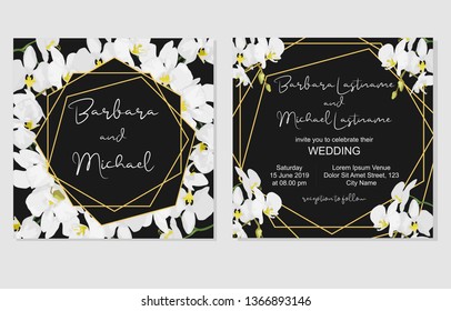 Square wedding invitation template with white orchid flower frame decoration. Wedding invite double sided card. Save the date.