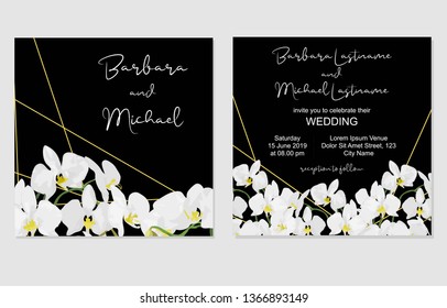 Square wedding invitation template with white orchid flower frame decoration. Wedding invite double sided card. Save the date.
