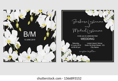 Square wedding invitation template with white orchid flower frame decoration. Wedding invite double sided card. Save the date.