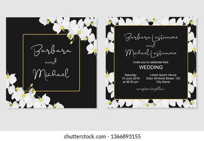 Square wedding invitation template with white orchid flower frame decoration. Wedding invite double sided card. Save the date.