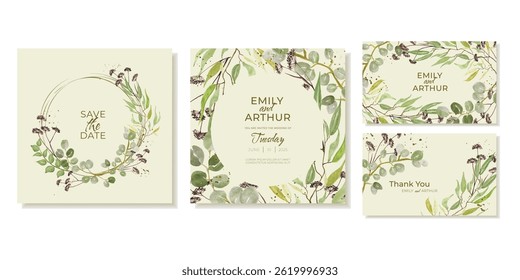 Square Wedding invitation and thank you cards with green leaves, botanical pattern watercolour eucalyptus leaves. Vector templates