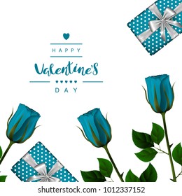 A square white background with blue buds of roses on a green stem and gift boxes with a white bow. Festive inscription of the lettering "Happy Valentine's Day" Vector. View from above