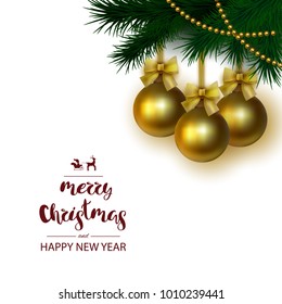 A square white background with a festive inscription lettering "Merry Christmas and Happy New Year" with a golden ball with an yellow bow on a branch. Template for the poster. Greeting card. Vector.