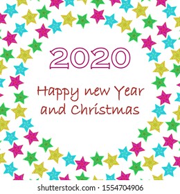 Square white background with multicolor stars. In the center of the text congratulating the New year and Christmas. The format is suitable for a postcard, greeting, poster or invitation.