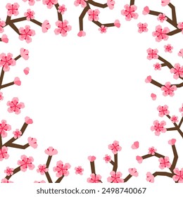 Square white background with paper craft stylized blooming sakura branches, flowers and empty space. Seasonal Japanese backdrop.