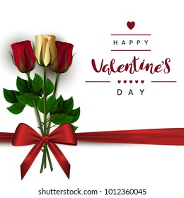 A square white background with red and gold buds of roses on a green stem and a red bow. The festive inscription of the lettering "Happy Valentine's Day" Vector.
