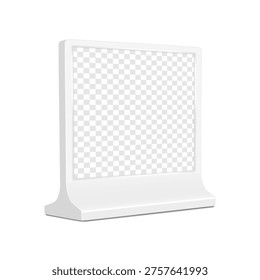 Square white blank transparent digital display stand. 3d mockup. Empty flat panel screen. Realistic vector mock-up. Tabletop e-ink nameplate. Template for design. Easy editable