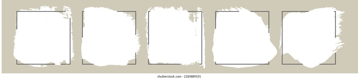 Square white brush strokes with line border. Rectangle frame vector background for calligraphy text. Set of grunge cover templates. Rough brushstroke design elements. Textured title backdrop