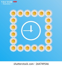 Square of white daisies on a blue background. Flowers. Sky.  clock icon. Flat design style, vector illustration, EPS 10 