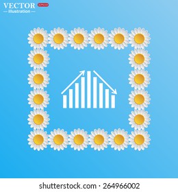 Square of white daisies on a blue background. Flowers. Sky.  Icon chart with arrows, vector illustration, EPS 10