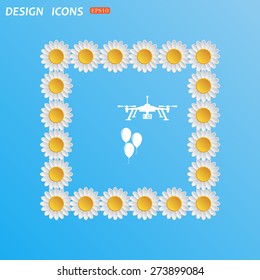 Square of white daisies on a blue background. Flowers. Sky.  Aerial photography. Festive balloons. Quadrocopter. icon. vector design