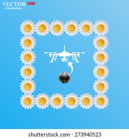 Square of white daisies on a blue background. Flowers. Sky. Quadrocopter. icon. vector design