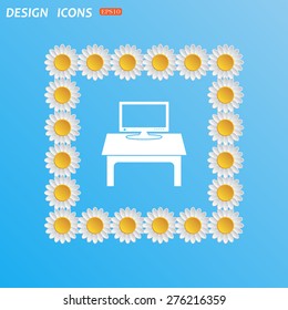 Square of white daisies on a blue background. Flowers. Sky. Computer desk, workplace. icon. vector design