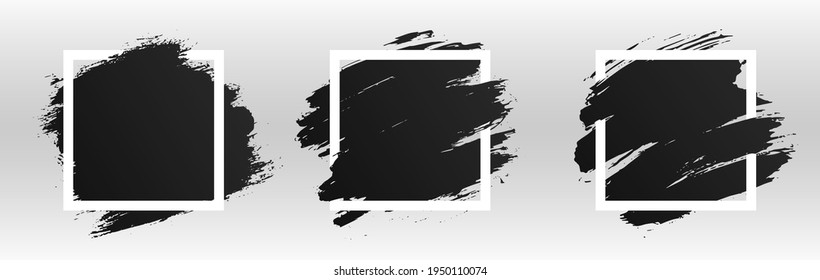 Square white frame with black paint, brush paint ink stroke and grunge texture. Black grunge banner, frame for design. Set of square frames for banner and background with space for text. Vector