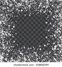 Square white frame or border of random scatter transparent hearts. Design for festive banner, greeting card, postcard, wedding invitation, Valentines day and save the date card. Vector illustration.