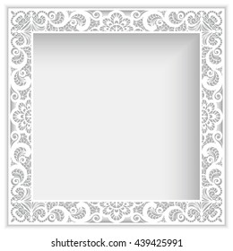 Square white frame with cutout paper lace border ornament, eps10 vector illustration