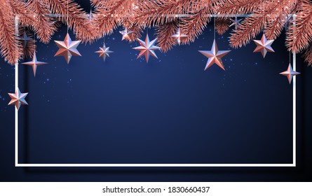 Square white frame with hanging bronze stars and spruce braches. Dark blue background. Space for text. Vector holiday illustration.