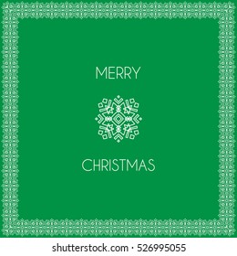 Square white frame on green background and pattern. Merry christmas text.