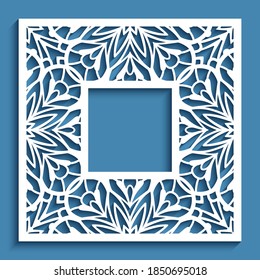 Square white frame with ornate border pattern, cutout paper swirls ornament, elegant template for cutting, vector lace decoration for wedding invitation card design with place for text