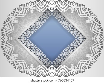 Square white frame in an oval frame with lace edges and a abstract  background inside. Template for wedding and other congratulations. In the middle there is space for text, pictures, photos. Vector.