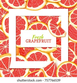 Square white frame and rectangle label on citrus red grapefruit background. Vector card illustration. Tropical fresh juicy pomelo closely spaced background for design of food packaging juice breakfast