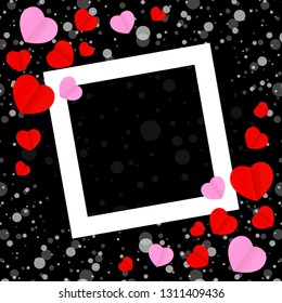square white frame and red pink heart shape for template banner valentines card black background, many hearts shape on black for valentine backgrounds, image black with heart-shape decoration backdrop