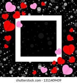 square white frame and red pink heart shape for template banner valentines card black background, many hearts shape on black for valentine backgrounds, image black with heart-shape decoration backdrop