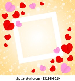 square white frame and red pink heart shape for template banner valentines card background, many hearts shape on orange gradient soft for valentine background, image orange with heart-shape decoration