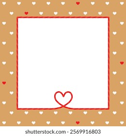 Square white frame, text box on kraft background, gift tied up with cotton red rope bakers twine heart and ribbons. Packing string for decoration, present for Valentine's day. Flat vector EPS10