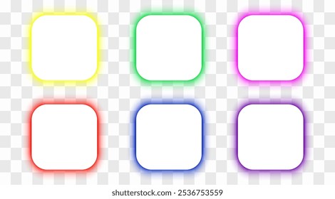 Quadros brancos quadrados com cantos arredondados com painel led multicolorido. Efeito de brilho de néon amarelo, verde, rosa, vermelho, azul, roxo. Ilustração vetorial 3d isolada em fundo transparente.