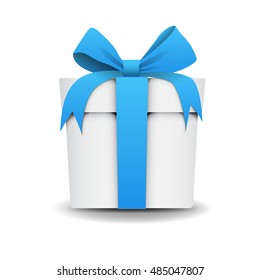 Square White Gift Box with Blue Ribbon and Bow Isolated on Background. Icon