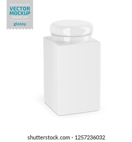 Square white glossy ceramic jar with round lid. Container for dry products - tea, coffee, sugar, candy, spice. Photo-realistic packaging mockup template. Vector 3d illustration.