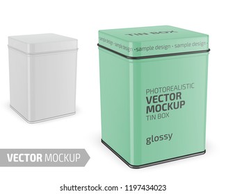 Square white glossy tin can. Container for dry products - tea, coffee, sugar, candy, spice. Photo-realistic packaging mockup template with sample design. Vector 3d illustration.